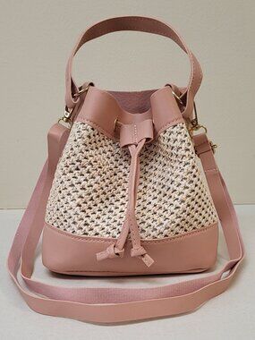 Vintage Pink Vegan Leather Woven Drawstring Shoulder Crossbody Bag Mini Purse